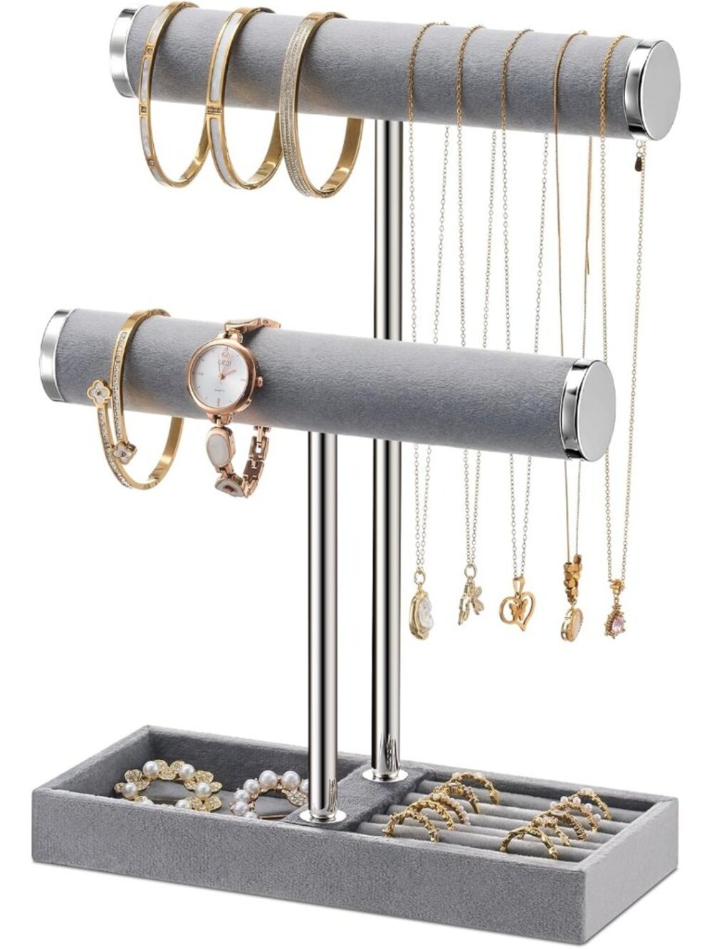 Stylish 2-Tier Bracelet & Necklace Holder Organizer - Grey Jewelry Display Stand